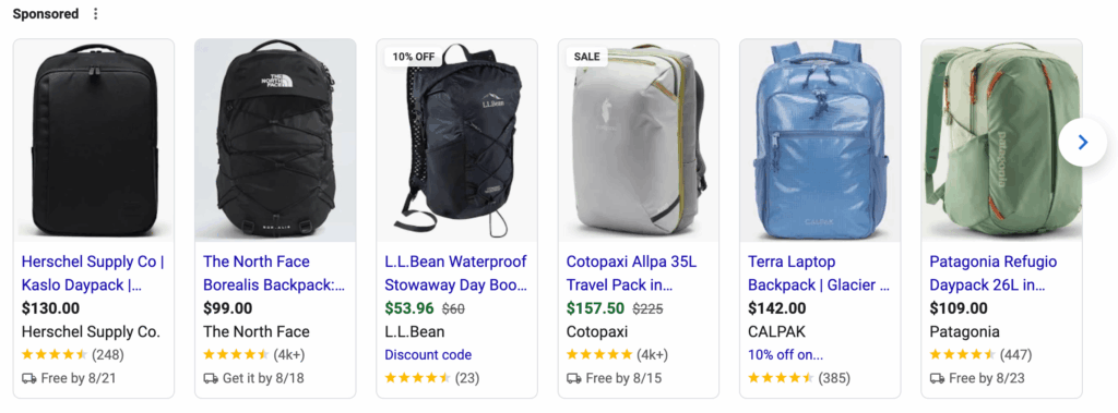 Screenshot of backpacks in rich results