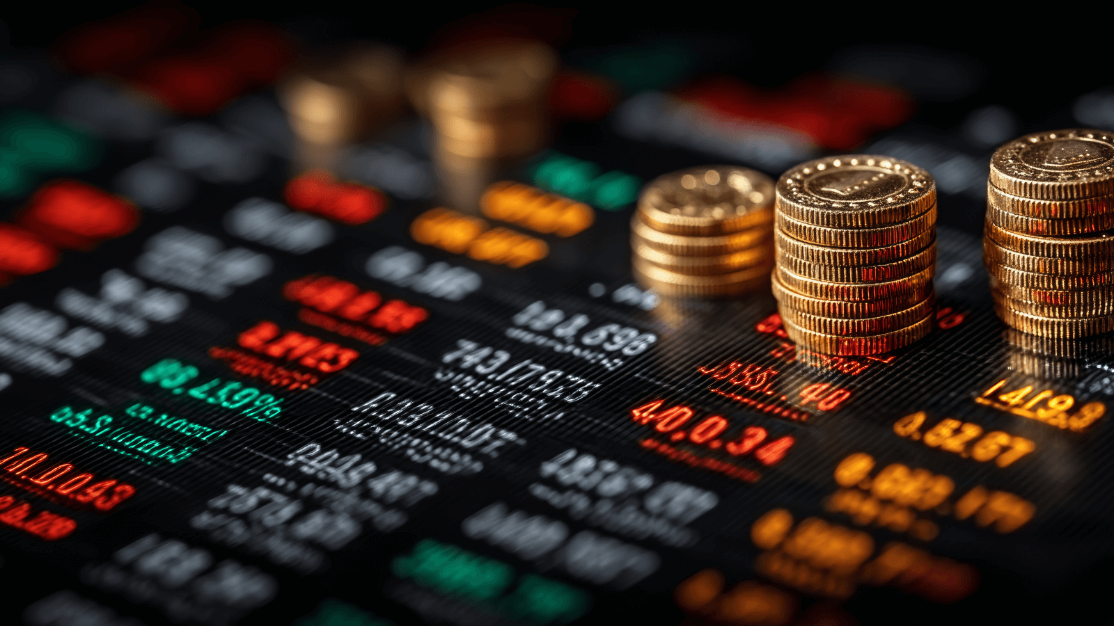 Wealth management stock image of stock prices and coins