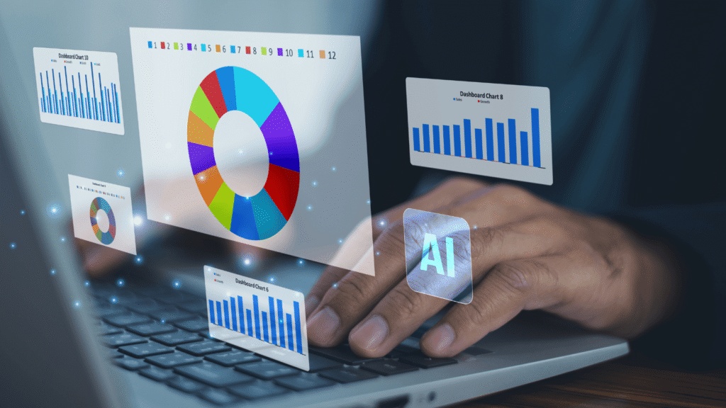person working on computer with analytics and graphs overlaying the image