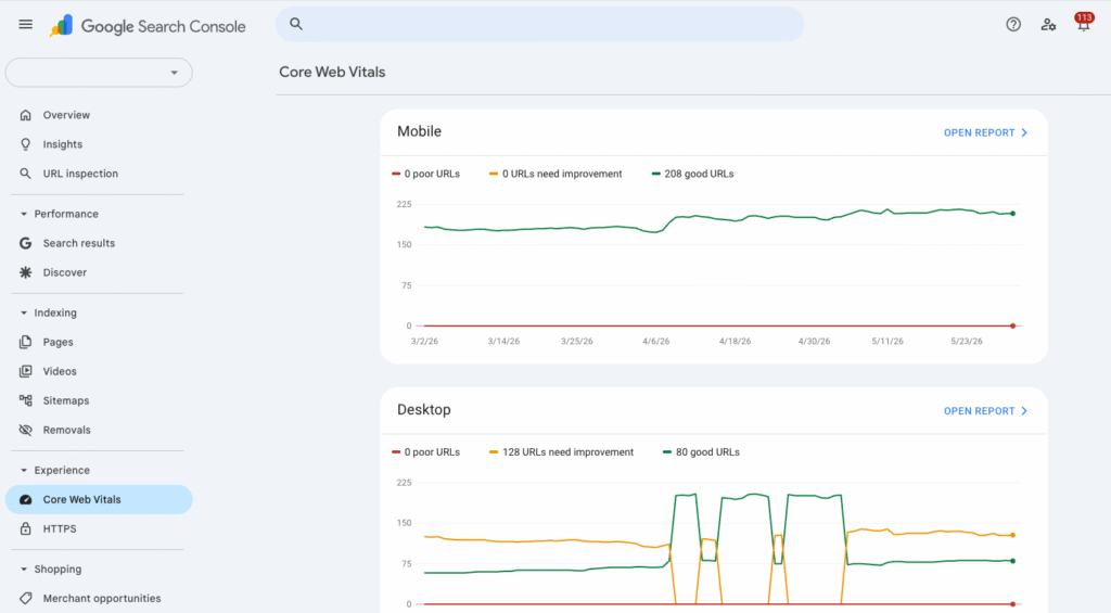Google Search Console's Core Web Vitals dashboard