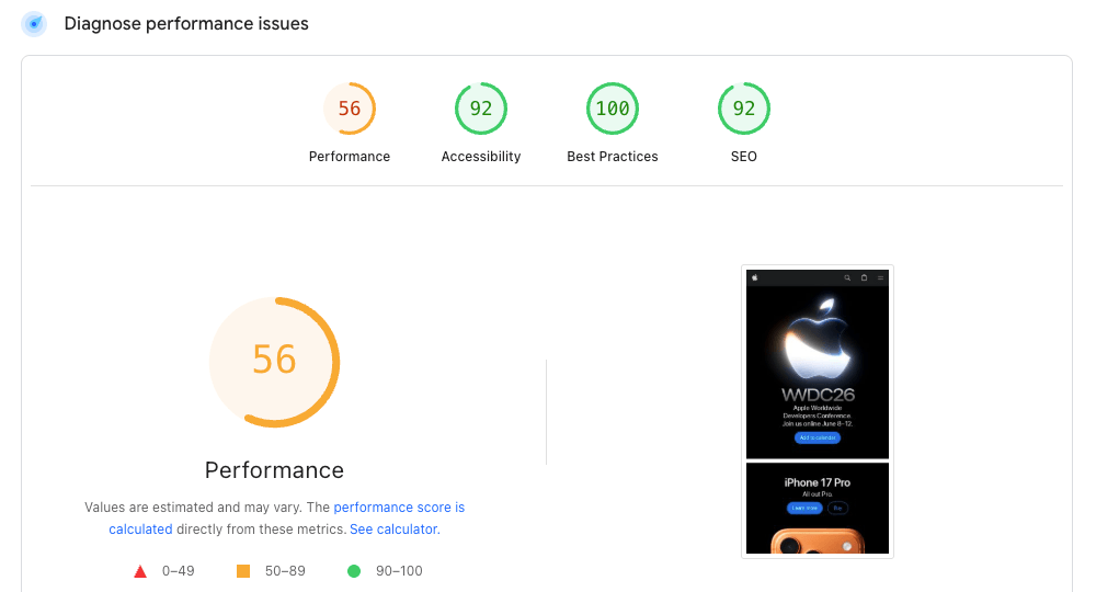 PageSpeed Insights showcasing core web vitals on lab data on a page