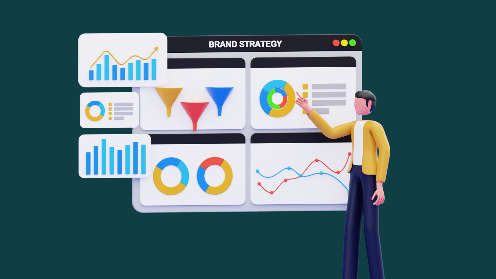 character pointing at digital marketing metrics on graphs and reports