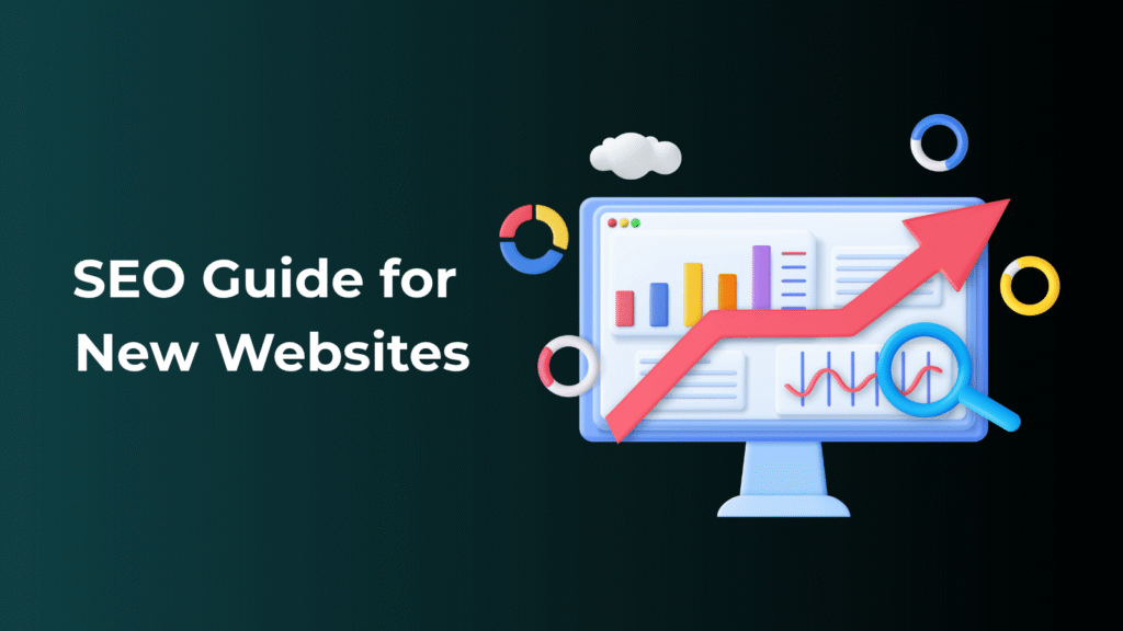 SEO for new websites alongside a graphic of a desktop portaying seo success
