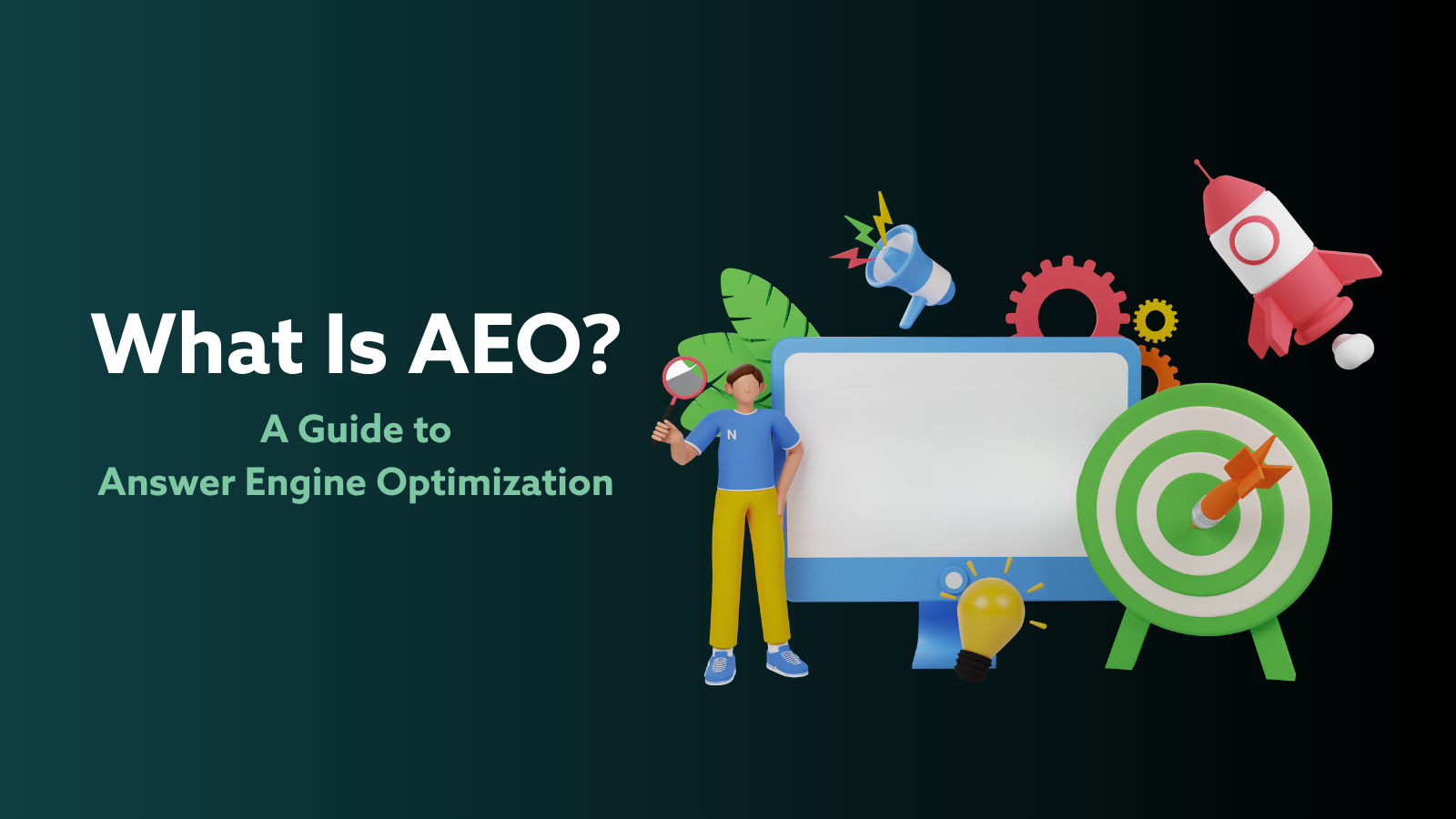 "What Is AEO? A Guide to Answer Engine Optimization" next to an image of a man next to a laptop